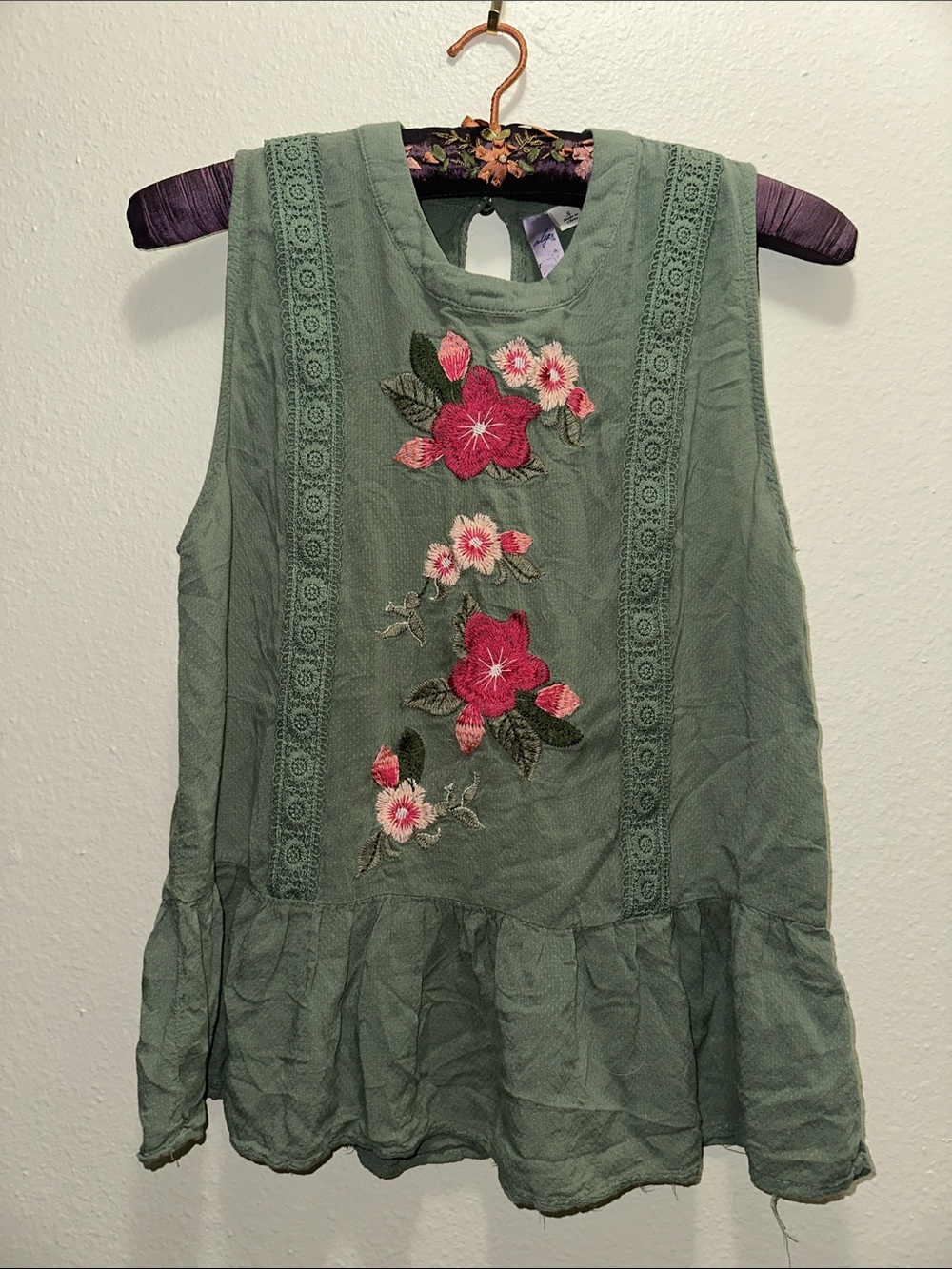 Alya Sage Green Tank with Pink Floral Embroidery